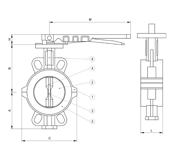 Габариты баттерфляй футерованного PTFE